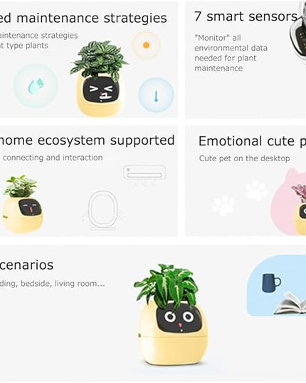 Intelligent flower pot, electronic bud, maintenance plant assistant, fun interactive flower pot, indoor green planting monitoring, LCD screen display, cell phone APP connection (Yellow)