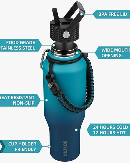 BJPKPK Insulated Water Bottles with Straw Lid, 35oz Metal Water Bottle with 2 lids & Paracord Strap, Double Wall Stainless Steel Vacuum Tumblers, Cups, Mugs, Thermo for Hot& Cold Drinks, Sea