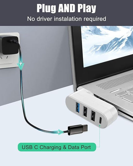VIENON 4-Port USB 3.0 Hub [90/180 Rotatable], USB Splitter with 3 USB Ports & 1 USB C Power/Data Port, USB Extender for Laptops, Cars, iMac, MacBook Air, MacBook Pro