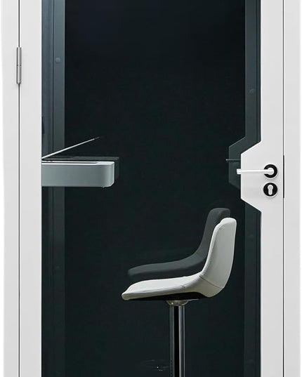 Mobile Office Pod Booth, Solo Soundproof Pod Acoustic Panels, Sound Pod Silent Ventilation, Wheels and Feet, Built-in Table, LED Lighting System, USB Ports White/Smoked Glass