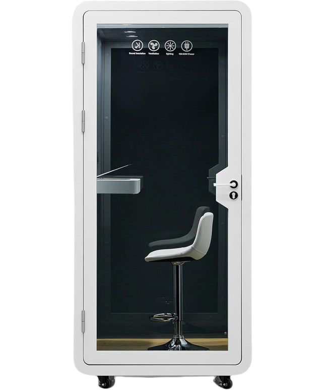Mobile Office Pod Booth, Solo Soundproof Pod Acoustic Panels, Sound Pod Silent Ventilation, Wheels and Feet, Built-in Table, LED Lighting System, USB Ports White/Smoked Glass