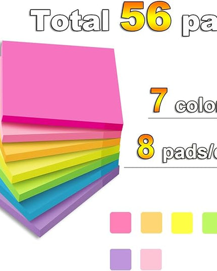 (56 Pads) Sticky Notes Bulk 3x3 in Post Bright Stickies Colorful Super Sticking Power Memo Pads, Strong Adhesive