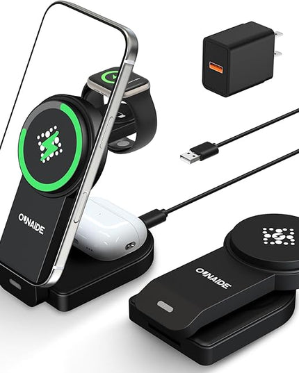 3 in 1 Charging Station for Apple MagSafe Charger, Foldable Wireless Charging Station Magnetic Wireless Charger Stand for iPhone 17 Air/16/15/14/13/12 Series/Apple Watch10-2/Airpods (Black)