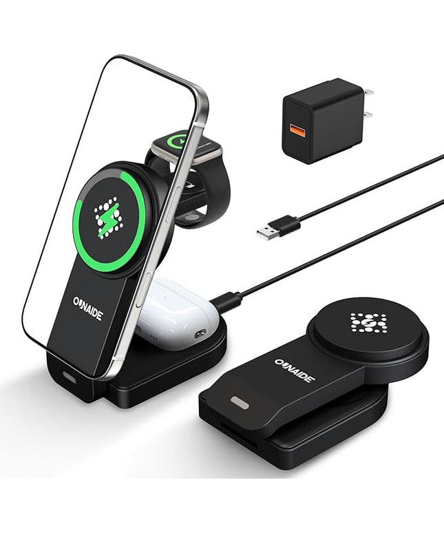 3 in 1 Charging Station for Apple MagSafe Charger, Foldable Wireless Charging Station Magnetic Wireless Charger Stand for iPhone 17 Air/16/15/14/13/12 Series/Apple Watch10-2/Airpods (Black)