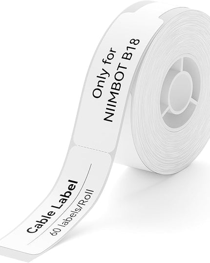 NIIMBOT B18/N1 Thermal Transfer Cable Labels 0.49" x 4.29" (12.5x109mm), Only for B18/N1 Label Maker, PET Material, Waterproof and High-Temperature Resistance, Long Storage Time,White