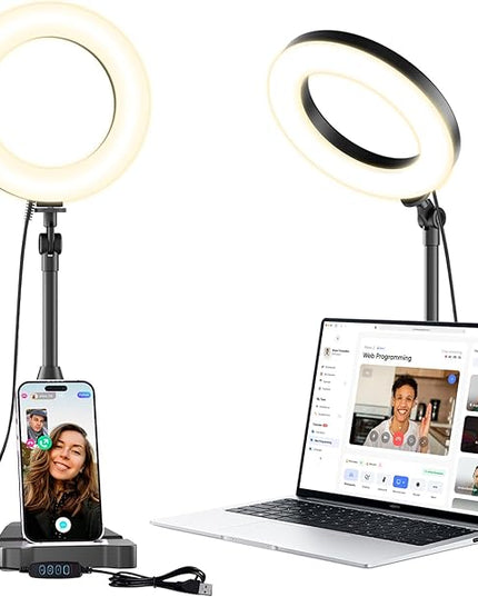Laptop Ring Light for Video Conferencing, 6'' LED Desk Soft Halo Lighting with Phone Holder for Zoom Calls, Live Streaming, Computer Monitor Webcam, Portable Circle Light with Adjustable Stand