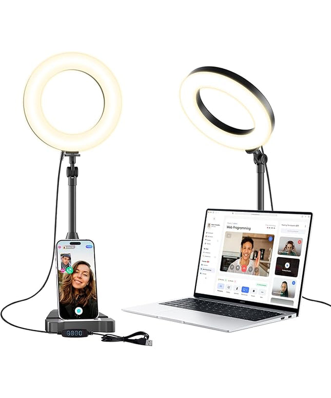 Laptop Ring Light for Video Conferencing, 6'' LED Desk Soft Halo Lighting with Phone Holder for Zoom Calls, Live Streaming, Computer Monitor Webcam, Portable Circle Light with Adjustable Stand