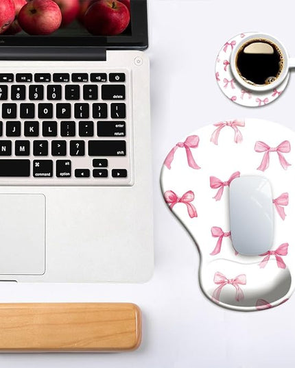 Ergonomic Mouse Pad with Wrist Support,Cute Mouse Pad with Wrist Rest and Coaster Set,Office Supplies Non-Slip Mouse Pads for Desk, Non-Slip Comfortable,Pink Bow