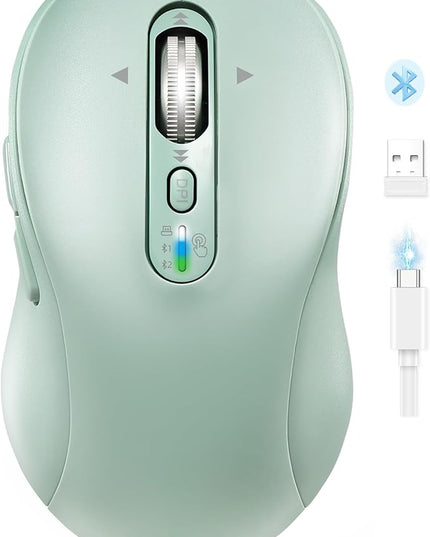 Wireless Bluetooth Mouse for Laptop,USB+BT×2,Quiet Ergo Computer Mouses,Metal 4-Way Super Scrolling,± 3200 DPI,Rechargeable,10 Button,Plug&Play,Multi Device Cordless Mice for iPad,Tablet,Mac,PC(Green)