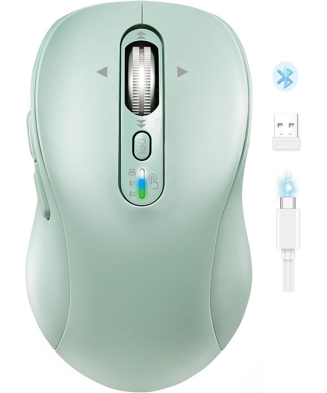 Wireless Bluetooth Mouse for Laptop,USB+BT×2,Quiet Ergo Computer Mouses,Metal 4-Way Super Scrolling,± 3200 DPI,Rechargeable,10 Button,Plug&Play,Multi Device Cordless Mice for iPad,Tablet,Mac,PC(Green)