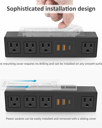 HHSOET Under Desk Power Strip with 3M Adhesive, Removable Under Desktop Mount Plug with 30W Fast Charging USB C and USB A Ports, 4 Outlet Under Table Surge Protector 1200J, 6FT Extension Cord. (Black)