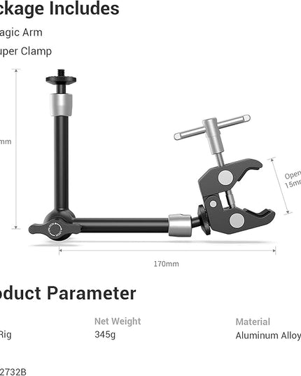 SMALLRIG Clamp w/ 1/4" and 3/8" Thread and 9.8 Inches Adjustable Friction Power Articulating Magic Arm with 1/4" Thread Screw for LCD Monitor/LED Lights - KBUM2732B