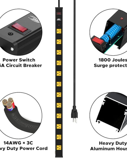 CRST 12-Outlet Metal Long Power Strip, Heavy Duty 1800 Joule Surge Protector Wall Mount Power Strip, 6FT Wide Spaced Workshop Garage Industrial Power Bar, 15A Circuit Breaker, ETL Listed