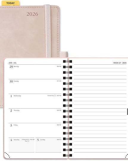 POPRUN 2026 Planner Weekly Notebook (Jan-Dec), Small Size 4''x 6.25'' - 2026 Pocket Calendar for Purse with Spiral Soft Cover, Plastic Ruler, Inner Pocket, 100 GSM - Soft Pink