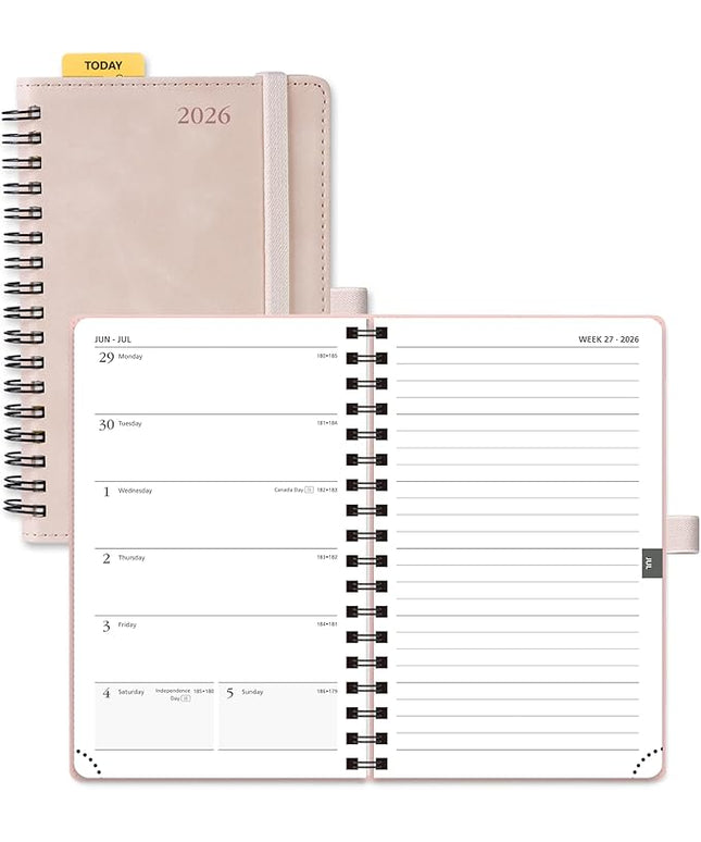 POPRUN 2026 Planner Weekly Notebook (Jan-Dec), Small Size 4''x 6.25'' - 2026 Pocket Calendar for Purse with Spiral Soft Cover, Plastic Ruler, Inner Pocket, 100 GSM - Soft Pink