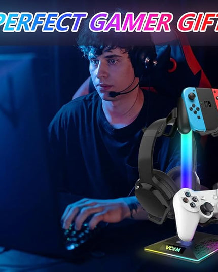 RGB Gaming Headphones Stand with 2 USB Ports Headset Stand with 10 Light Modes and Non-Slip Rubber, Suitable for All Earphone Accessories, Best Gift for Husband, Kids, Boyfriend