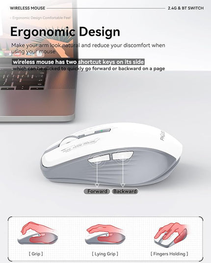 Wireless Mouse (Bluetooth & 2.4GHz USB) with Forward/Backward Side Keys, Silent Click, Ergonomic Portable AA Battery Mice for Laptop/Mac/iPad - Office & Travel Use, White & Grey