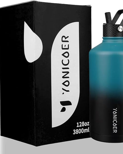 Insulated Water Bottle 128oz,Triple Wall Vacuum Stainless Steel(Dishwasher Safe),Leak Proof & Non-BPA,Flask Jug with Paracord Handle & Straw Spout Lids Sports Gradient indigo blue/black