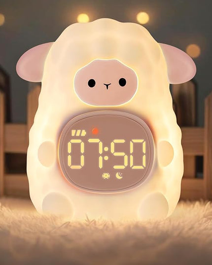 Sheep Alarm Clock with Night Light for Kids with Sleep Training and Sound Machine, Rechargeable Silicone Lamp OK to Wake Clock，Cute Animal Tabletop Lamp, Perfect Sleep Companion for Boys Girls, Pink