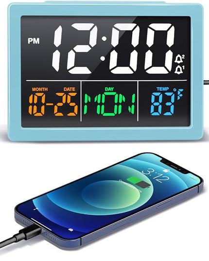 Digital Alarm Clock, with 5.5" Large LED Time Display, Adjustable Alarm Volume, 6 Level Brightness, Alarm Settings, USB Charger, Temperature Detect, Snooze, Clocks for Bedroom, Bedside, Desk, Blue