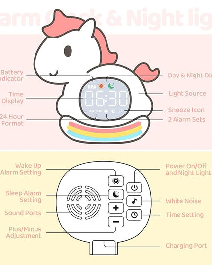 Alarm Clock with Night Light for Kids with Sleep Training and Sound Machine, Rechargeable Silicone Lamp OK to Wake Clock，Cute Animal Tabletop Lamp, Perfect Sleep Companion for Boys Girls,Pink Pony