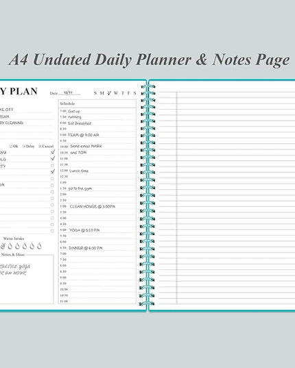 Daily Planner Undated - A4 To Do List Notebook Hourly Schedules, Spiral Appointment Planner for Women and Men,PVC Hardcover, Inner Pocket, Elastic Closure, 8.5" x 11", Teal