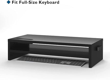 BONTEC Wood Monitor Stand Riser, 2-Tier Desktop Organizer with Storage, Ergonomic Computer Stand for Desk, Cable Management, Cellphone Holder, 21.3 Inch Shelf, Black