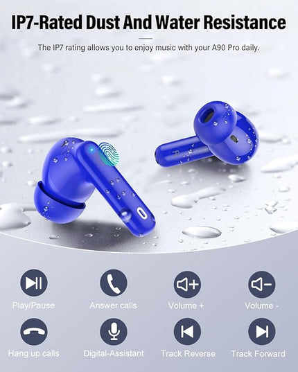 Wireless Earbuds, Bluetooth 5.4 Headphones Bass Stereo, Ear Buds with Noise Cancelling Mic, LED Display in Ear Earphones Clear Calls, IP7 Waterproof Bluetooth Earbuds for Laptop/Phones/Sports, Blue