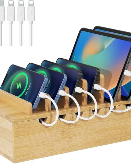 Bamboo Charging Station for Multiple Devices, Desk Docking Stations Organizer Compatible with iPhone Devices, Wood Charging Cell Phone Holder Stand (Includes 6 Cables) (NO Power Supply)
