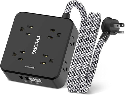 Surge Protector Power Strip - CHCORE 5Ft Braided Extension Cord with 8 Outlets with 4 USB (2 USB C) Charging Ports, Flat Plug Multi Plug Outlet Extender Charging Station for Home Office, ETL, Black