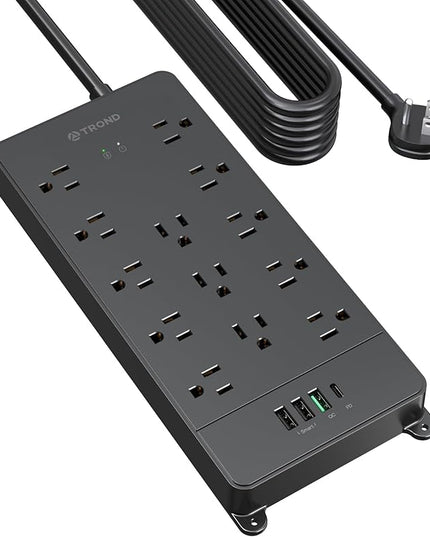 TROND Surge Protector Power Strip 15 ft, Flat Plug Extension Cord with 32W USB C & QC 3.0 Charger, 4000 Joules, ETL Listed, 13 Wide Spaced Outlets, Heavy Duty, Wall Mount for Home Office, Black