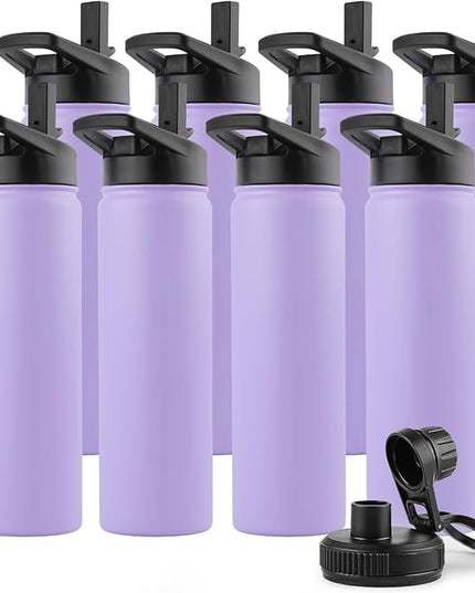 DOMICARE Insulated Water Bottle, 22 oz Vacuum Insulated Stainless Steel Reusable Sports Bottle with Straw Lid & Spout Lid for Travel, Camping, Bike, Leakproof, Purple, 8 Pack