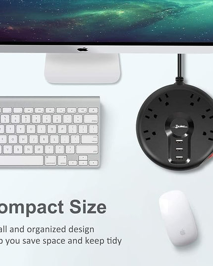 Power Strip, 6 Outlets and 3 USB Ports 6.5FT Long Extension Cord, Circle Socket Overload Surge Protector, 100% Copper Core, Flat Plug Charging Station Compact for Office, Home, Travel (Black)