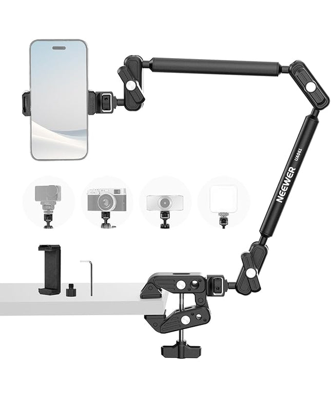 NEEWER Basics Magic Arm Desk Mount, 22" Overhead Mic Stand Boom Arm Desktop Phone Holder with 1/4" 3/8" Threads for ARRI, for DSLR Action Camera Webcam Microphone LED Light for Video Recording, UA061