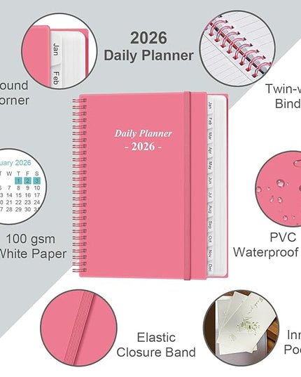 Daily Planner 2026 Full Page Per Day- 2026 Daily & Monthly Planner from January 2026 to December 2026, Day Planner 2026 with 12 Months Tabs, 8.5" x 11", Pink