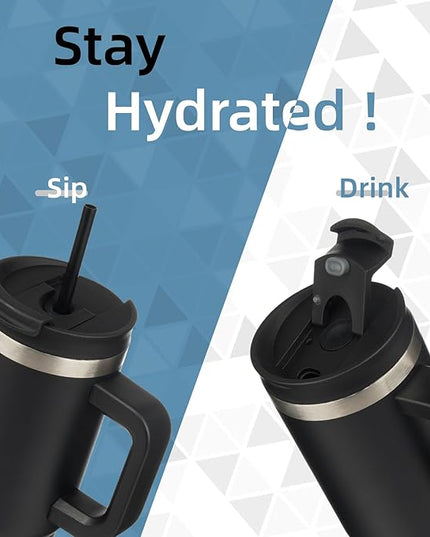 30 oz Tumbler with Handle and 2 Straws,2 in 1 Lid Insulated Water Bottle Stainless Steel Travel Coffee Mug,Black