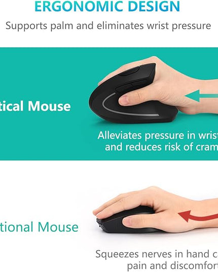 Ergonomic Mouse, LEKVEY Vertical Wireless Mouse - Rechargeable 2.4G Optical Vertical Mice : 3 Adjustable DPI 800/1200/1600 Levels 6 Buttons, for Laptop, Mac, PC, Computer, Desktop, Notebook etc, Black