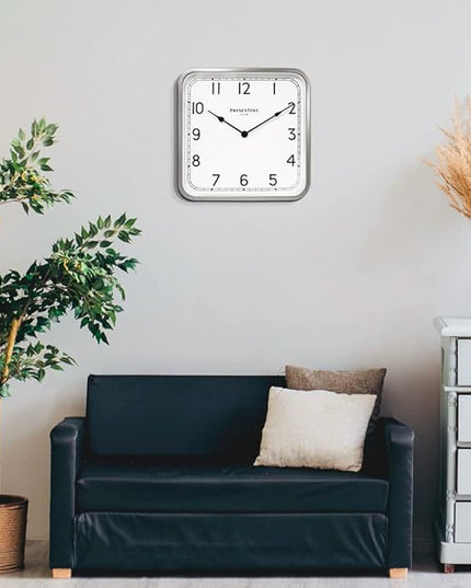 Presentime & Co 16" Anton Vintage Square Clock, Silent No Ticking, Wall & Mantel 2 in 1 Clock, Desk and Shelf Clock, Tabletop Décor, Modern Silver Color