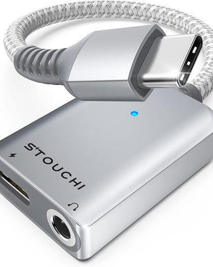 Stouchi USB C to 3.5mm Headphone and Charger Adapter, 2 in 1 USB-C to Aux Audio Jack with 30W Safe Fast Charging Hi-res DAC for iPhone 17/16 /15, Pixel 9/8 /7/6, iPad,Galaxy S25 S24 S23 Ultra (Silver)