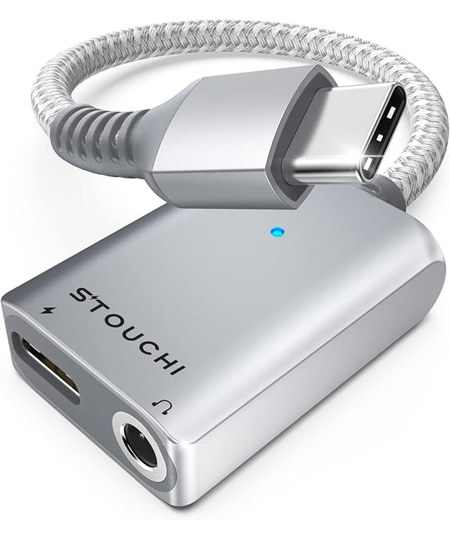 Stouchi USB C to 3.5mm Headphone and Charger Adapter, 2 in 1 USB-C to Aux Audio Jack with 30W Safe Fast Charging Hi-res DAC for iPhone 17/16 /15, Pixel 9/8 /7/6, iPad,Galaxy S25 S24 S23 Ultra (Silver)