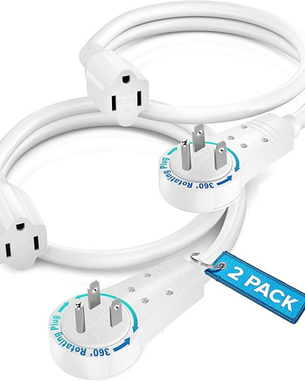 Maximm Cable 0.5 Feet 14Awg 360° Rotating Flat Plug Extension Cord/Wire, 3 Prong Grounded Wire, Heavy Duty Extension Cord - UL Certified - White, 2 Pack