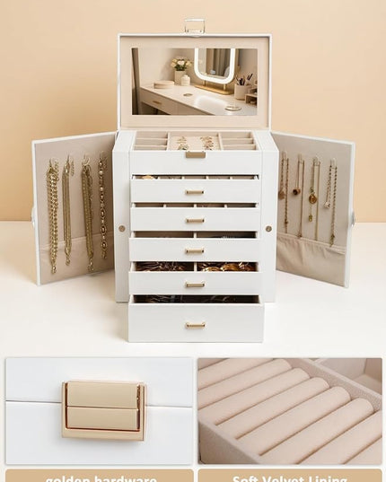 BOOVO Jewelry Box For women, 6 Layer Large Jewelry Organizer With Mirror, Multi-Function Storage Box With Lock, Necklace Holder With 5 Drawers, For Earrings Necklace Bracelet (White and Gold)