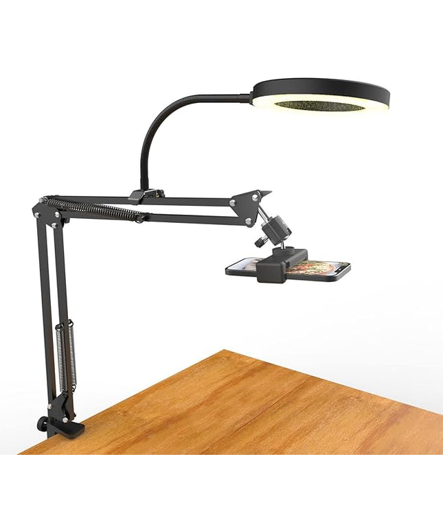 Overhead Camera Mount with Ring Light, Flexible Articulating Phone Arm Stand Compatible with iPhone, Logitech Webcam, Desk Tripod for YouTube Live Stream Cooking Nail Video Recording