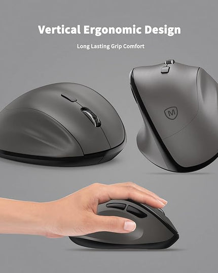Ergonomic Wireless Mouse with USB Receiver for PC Computer, Laptop and Desktop, Ergo Vertical Mouse with Silent Clicks Long Battery Life, Up to 1600 DPI & 1 AA Battery Powered, Grey