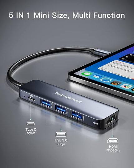 USB C HUB, DockteckExpand USB-C Multiport Adapter 5 in 1 with 4K HDMI, 100W Power Delivery, 3 USB 3.0 Data Ports for MacBook Pro/Air, iPad Pro/Air/Mini 6 and More
