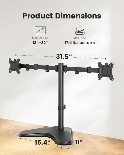 ErGear Freestanding Dual Monitor Stand for 2 Screens up to 32 inch, Heavy Duty Monitor Mount Holds Max 17.6 lbs per Arm, Height Adjustable Gaming Monitor Stand for Desk, VESA 75x75/ 100x100mm, Black
