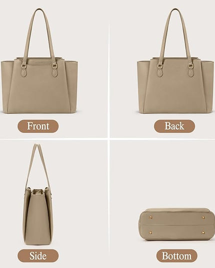 RAINSMORE Laptop Bag for Women 15.6 Inch Work Tote Bags Waterproof Computer Bags Leather Professional Laptop Purse Womens Laptop Briefcase Large Handbag for Office Teacher Travel, Beige