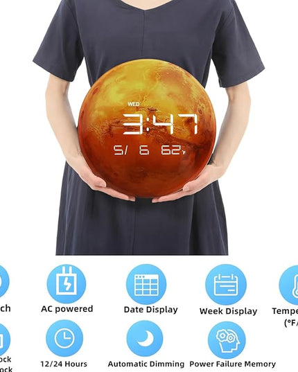13" Digital Wall Clock with LED Display, Calendar & Temperature, Automatic Dimming, 12/24hr Format, Wall & Desk Use - HUI-7861