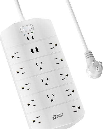 Power Strip,SUPERDANNY 5000 Joules Surge Protector with 13 AC Outlets 2 USB-A & 2 USB-C PD 20W Fast Charging Heavy Duty 14AWG/3C Industrial Grade 6ft Extension Cord for Workbench Home Office White