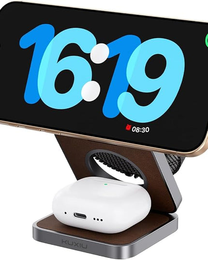 Foldable Magnetic Wireless Charger, KU XIU Aluminum Alloy 3 in 1 Charging Station for Apple, Fast Charging Travel Charger for iPhone 17 16 15 14 13, 5W for Apple Watch Ultra, AirPods, Leather Texture